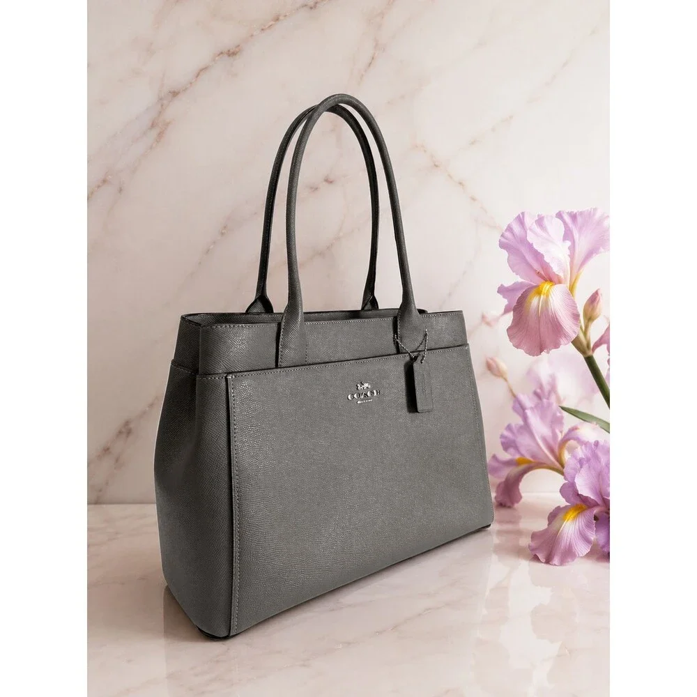 COACH Casey F31474 Tote Bag Purse Gray Durable Crossgrain Leather Large Logo